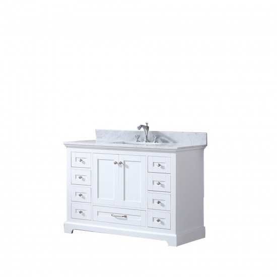 Dukes 48" White Single Vanity, White Carrara Marble Top, White Square Sink and no Mirror