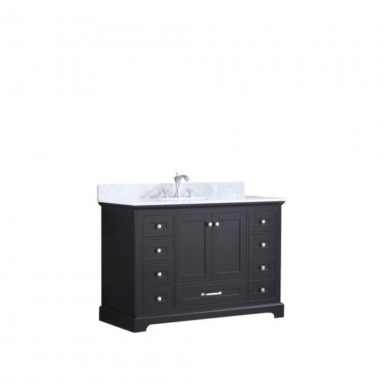 Dukes 48" Espresso Single Vanity, White Carrara Marble Top, White Square Sink and no Mirror