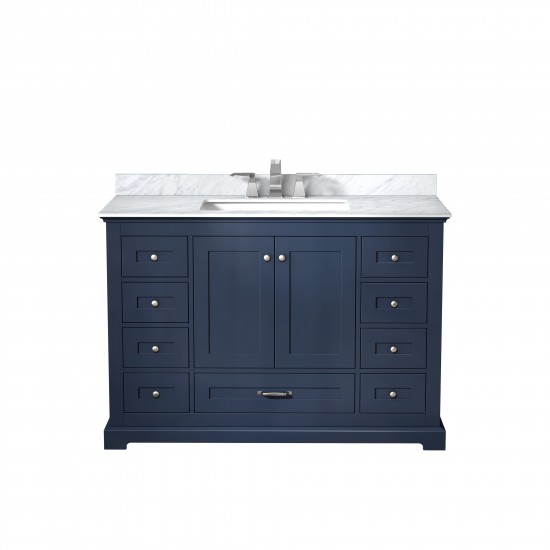 Dukes 48" Navy Blue Single Vanity, White Carrara Marble Top, White Square Sink and no Mirror