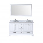 Dukes 60" White Double Vanity, White Carrara Marble Top, White Square Sinks and 58" Mirror w/ Faucets