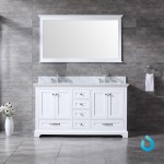 Dukes 60" White Double Vanity, White Carrara Marble Top, White Square Sinks and 58" Mirror w/ Faucets