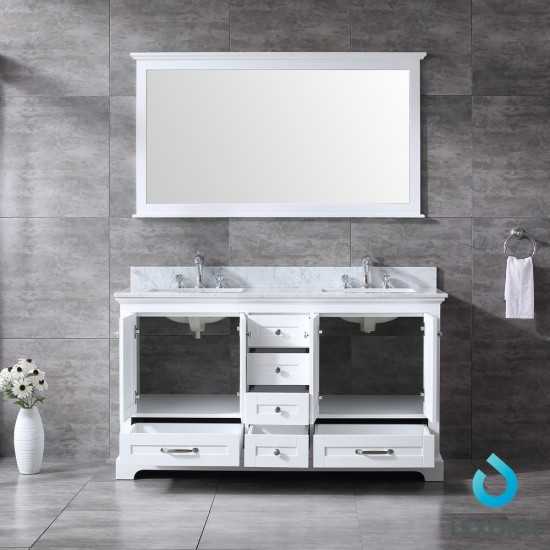 Dukes 60" White Double Vanity, White Carrara Marble Top, White Square Sinks and 58" Mirror w/ Faucets