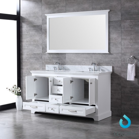 Dukes 60" White Double Vanity, White Carrara Marble Top, White Square Sinks and 58" Mirror w/ Faucets