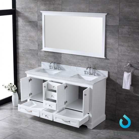 Dukes 60" White Double Vanity, White Carrara Marble Top, White Square Sinks and 58" Mirror w/ Faucets