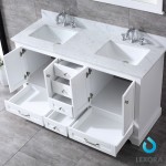 Dukes 60" White Double Vanity, White Carrara Marble Top, White Square Sinks and 58" Mirror w/ Faucets