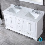 Dukes 60" White Double Vanity, White Carrara Marble Top, White Square Sinks and 58" Mirror w/ Faucets