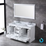 Dukes 60" White Double Vanity, White Carrara Marble Top, White Square Sinks and 58" Mirror