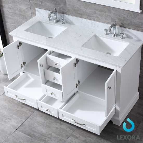 Dukes 60" White Double Vanity, White Carrara Marble Top, White Square Sinks and 58" Mirror