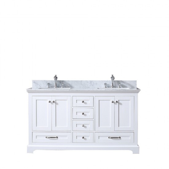 Dukes 60" White Double Vanity, White Carrara Marble Top, White Square Sinks and no Mirror