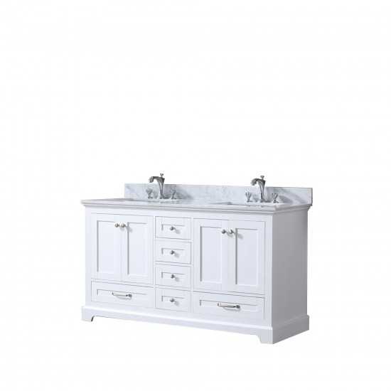 Dukes 60" White Double Vanity, White Carrara Marble Top, White Square Sinks and no Mirror