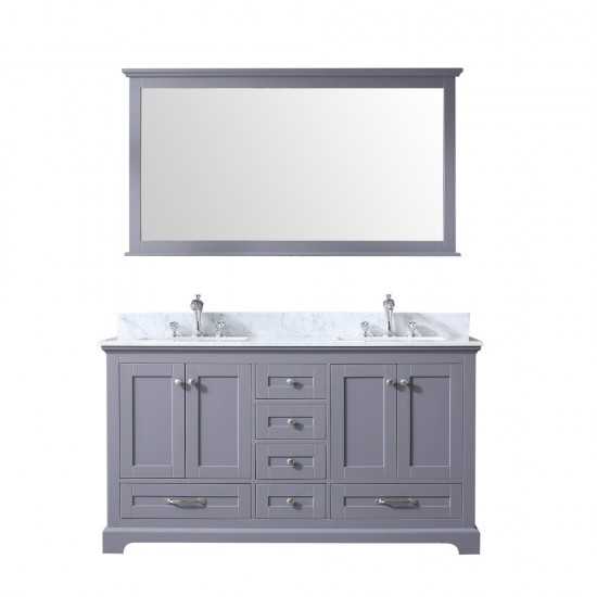 Dukes 60" Dark Grey Double Vanity, White Carrara Marble Top, White Square Sinks and 58" Mirror w/ Faucets