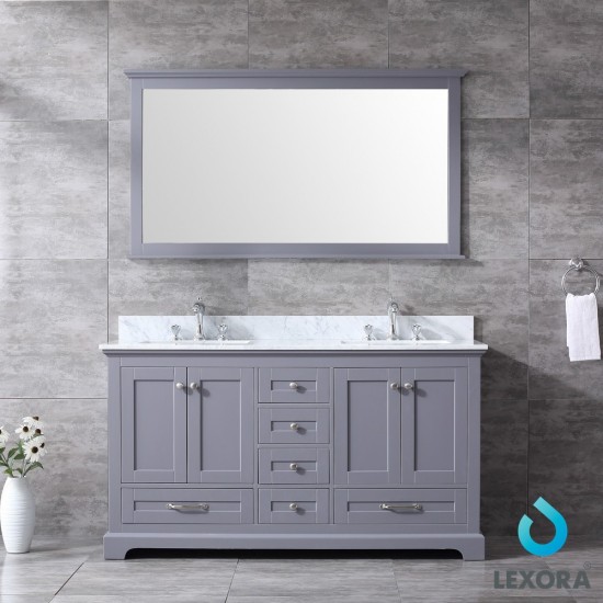 Dukes 60" Dark Grey Double Vanity, White Carrara Marble Top, White Square Sinks and 58" Mirror w/ Faucets