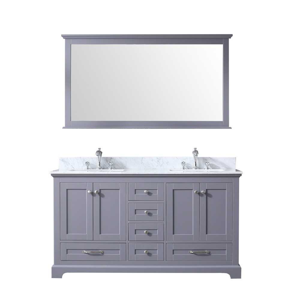 Dukes 60" Dark Grey Double Vanity, White Carrara Marble Top, White Square Sinks and 58" Mirror