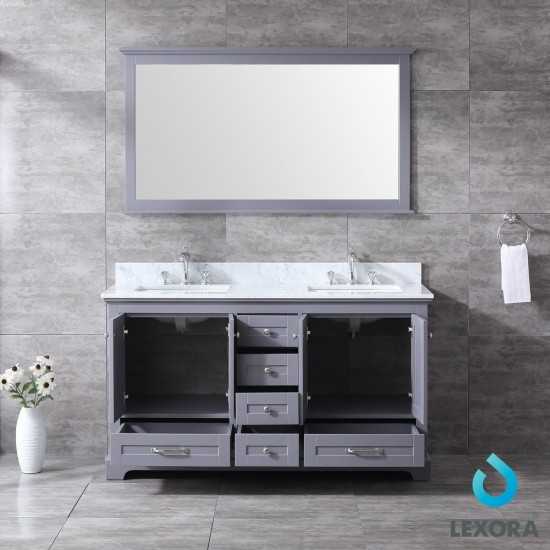 Dukes 60" Dark Grey Double Vanity, White Carrara Marble Top, White Square Sinks and 58" Mirror