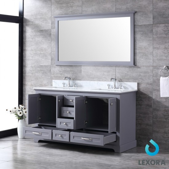 Dukes 60" Dark Grey Double Vanity, White Carrara Marble Top, White Square Sinks and 58" Mirror