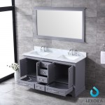 Dukes 60" Dark Grey Double Vanity, White Carrara Marble Top, White Square Sinks and 58" Mirror