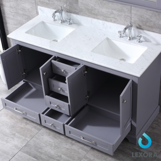 Dukes 60" Dark Grey Double Vanity, White Carrara Marble Top, White Square Sinks and 58" Mirror