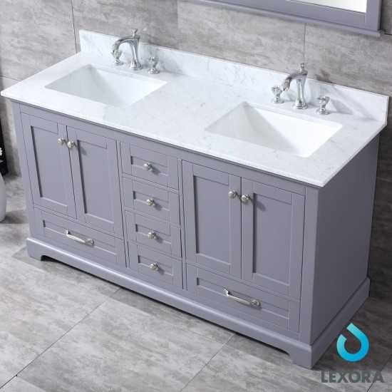 Dukes 60" Dark Grey Double Vanity, White Carrara Marble Top, White Square Sinks and 58" Mirror