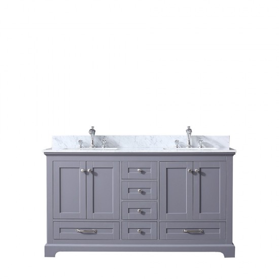 Dukes 60" Dark Grey Double Vanity, White Carrara Marble Top, White Square Sinks and no Mirror