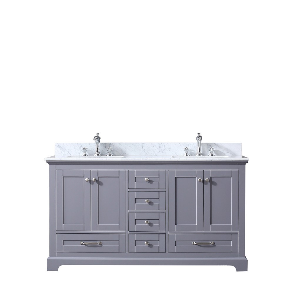 Dukes 60" Dark Grey Double Vanity, White Carrara Marble Top, White Square Sinks and no Mirror Dukes 60" Dark Grey Double Vanity, White Carrara Marble Top, White Square Sinks and no Mirror