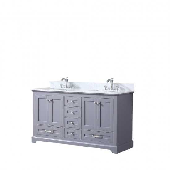 Dukes 60" Dark Grey Double Vanity, White Carrara Marble Top, White Square Sinks and no Mirror