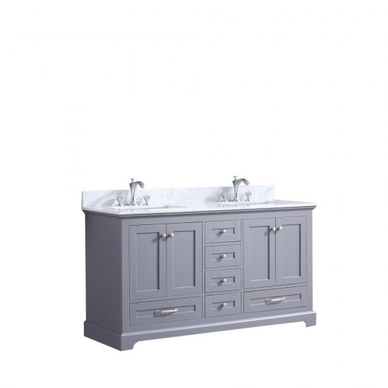 Dukes 60" Dark Grey Double Vanity, White Carrara Marble Top, White Square Sinks and no Mirror