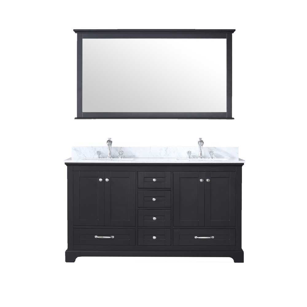 Dukes 60" Espresso Double Vanity, White Carrara Marble Top, White Square Sinks and 58" Mirror w/ Faucets