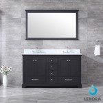 Dukes 60" Espresso Double Vanity, White Carrara Marble Top, White Square Sinks and 58" Mirror w/ Faucets