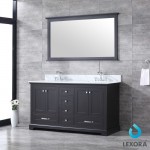 Dukes 60" Espresso Double Vanity, White Carrara Marble Top, White Square Sinks and 58" Mirror w/ Faucets