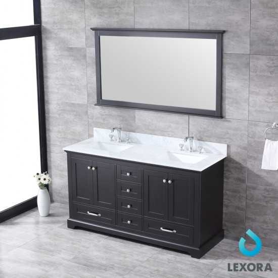 Dukes 60" Espresso Double Vanity, White Carrara Marble Top, White Square Sinks and 58" Mirror w/ Faucets