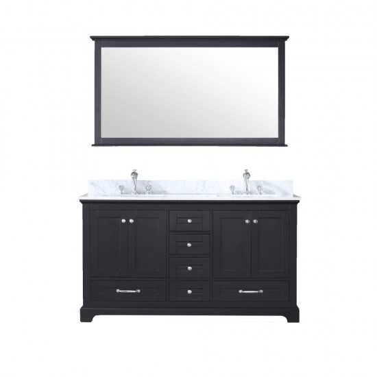 Dukes 60" Espresso Double Vanity, White Carrara Marble Top, White Square Sinks and 58" Mirror