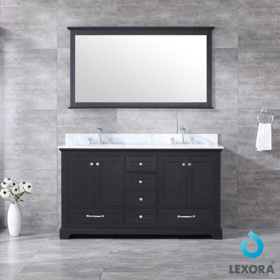 Dukes 60" Espresso Double Vanity, White Carrara Marble Top, White Square Sinks and 58" Mirror