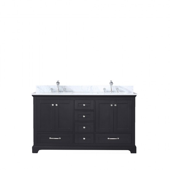 Dukes 60" Espresso Double Vanity, White Carrara Marble Top, White Square Sinks and no Mirror