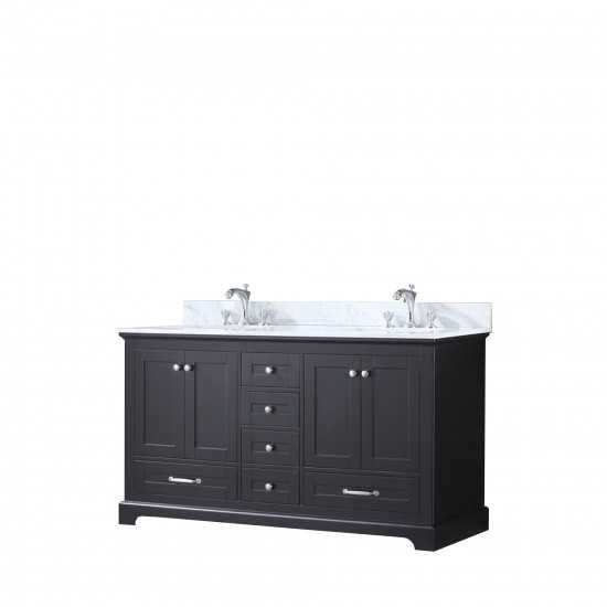 Dukes 60" Espresso Double Vanity, White Carrara Marble Top, White Square Sinks and no Mirror