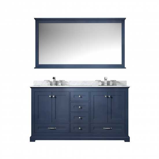 Dukes 60" Navy Blue Double Vanity, White Carrara Marble Top, White Square Sinks and 58" Mirror w/ Faucets