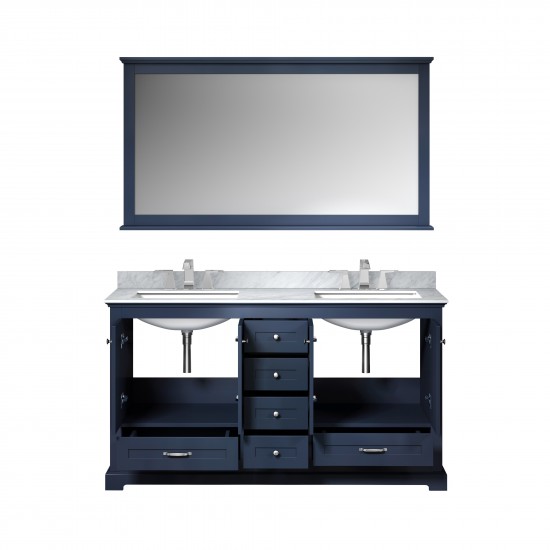 Dukes 60" Navy Blue Double Vanity, White Carrara Marble Top, White Square Sinks and 58" Mirror w/ Faucets