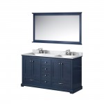 Dukes 60" Navy Blue Double Vanity, White Carrara Marble Top, White Square Sinks and 58" Mirror w/ Faucets