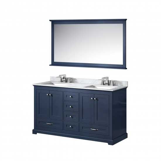 Dukes 60" Navy Blue Double Vanity, White Carrara Marble Top, White Square Sinks and 58" Mirror w/ Faucets