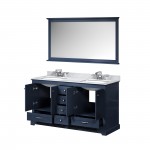 Dukes 60" Navy Blue Double Vanity, White Carrara Marble Top, White Square Sinks and 58" Mirror w/ Faucets