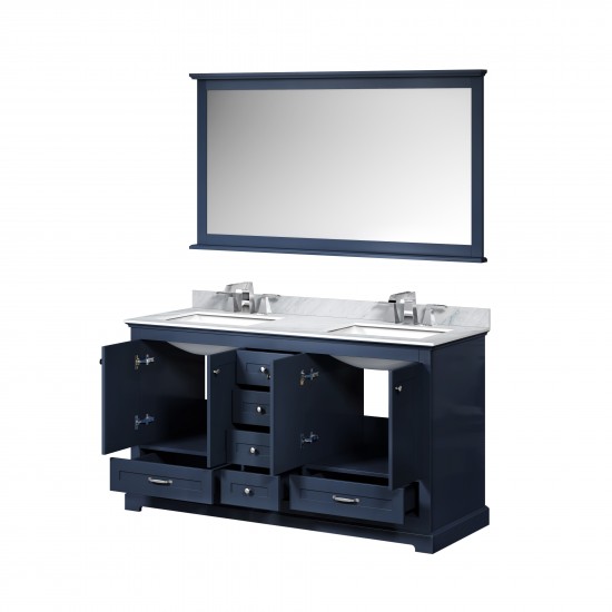 Dukes 60" Navy Blue Double Vanity, White Carrara Marble Top, White Square Sinks and 58" Mirror w/ Faucets