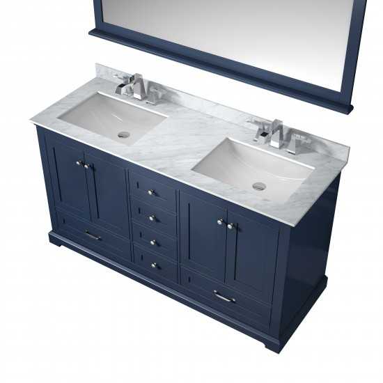 Dukes 60" Navy Blue Double Vanity, White Carrara Marble Top, White Square Sinks and 58" Mirror w/ Faucets