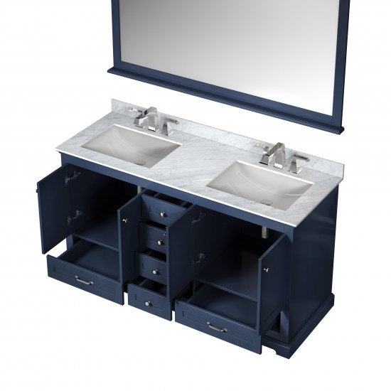 Dukes 60" Navy Blue Double Vanity, White Carrara Marble Top, White Square Sinks and 58" Mirror w/ Faucets