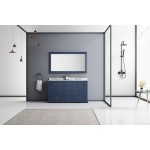 Dukes 60" Navy Blue Double Vanity, White Carrara Marble Top, White Square Sinks and 58" Mirror w/ Faucets