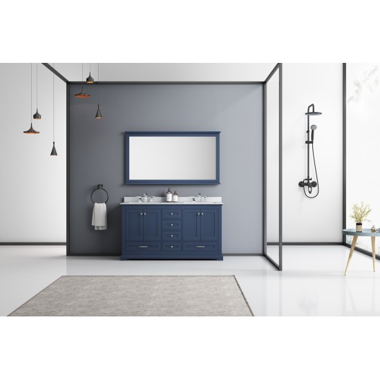 Dukes 60" Navy Blue Double Vanity, White Carrara Marble Top, White Square Sinks and 58" Mirror w/ Faucets
