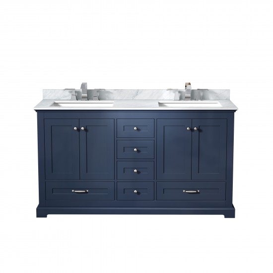 Dukes 60" Navy Blue Double Vanity, White Carrara Marble Top, White Square Sinks and no Mirror