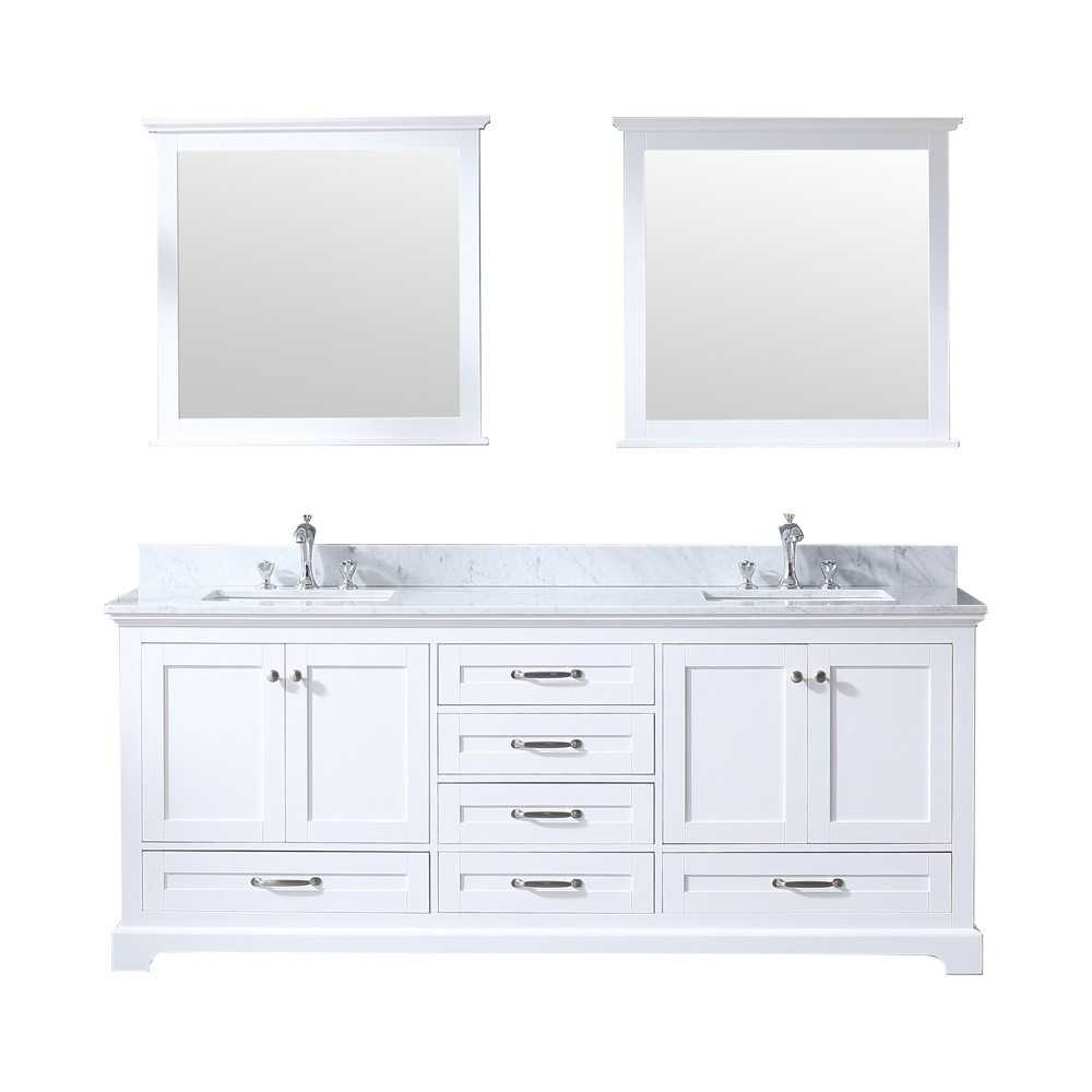 Dukes 80" White Double Vanity, White Carrara Marble Top, White Square Sinks and 30" Mirrors w/ Faucets