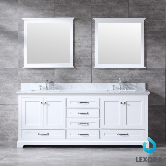 Dukes 80" White Double Vanity, White Carrara Marble Top, White Square Sinks and 30" Mirrors w/ Faucets