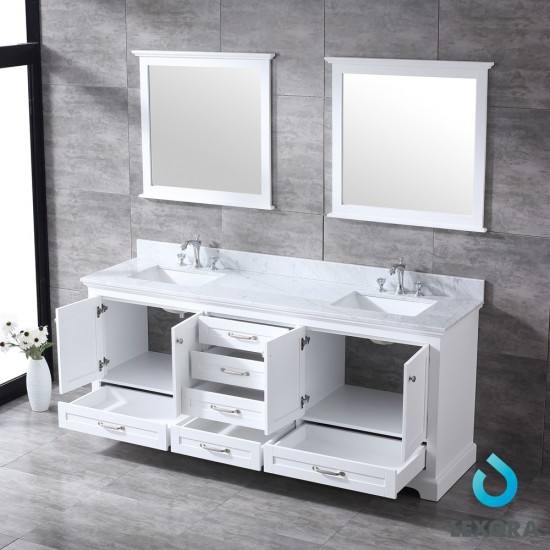 Dukes 80" White Double Vanity, White Carrara Marble Top, White Square Sinks and 30" Mirrors w/ Faucets