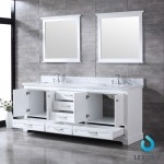 Dukes 80" White Double Vanity, White Carrara Marble Top, White Square Sinks and 30" Mirrors w/ Faucets