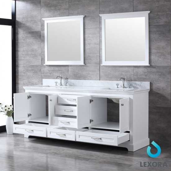 Dukes 80" White Double Vanity, White Carrara Marble Top, White Square Sinks and 30" Mirrors w/ Faucets